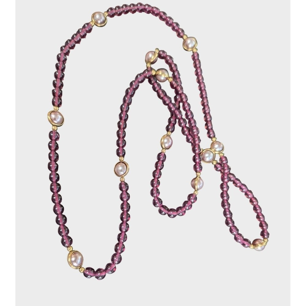 Vintage Purple Necklace Lucite Bead Faux Pearl Gold Tone Station Long Strand